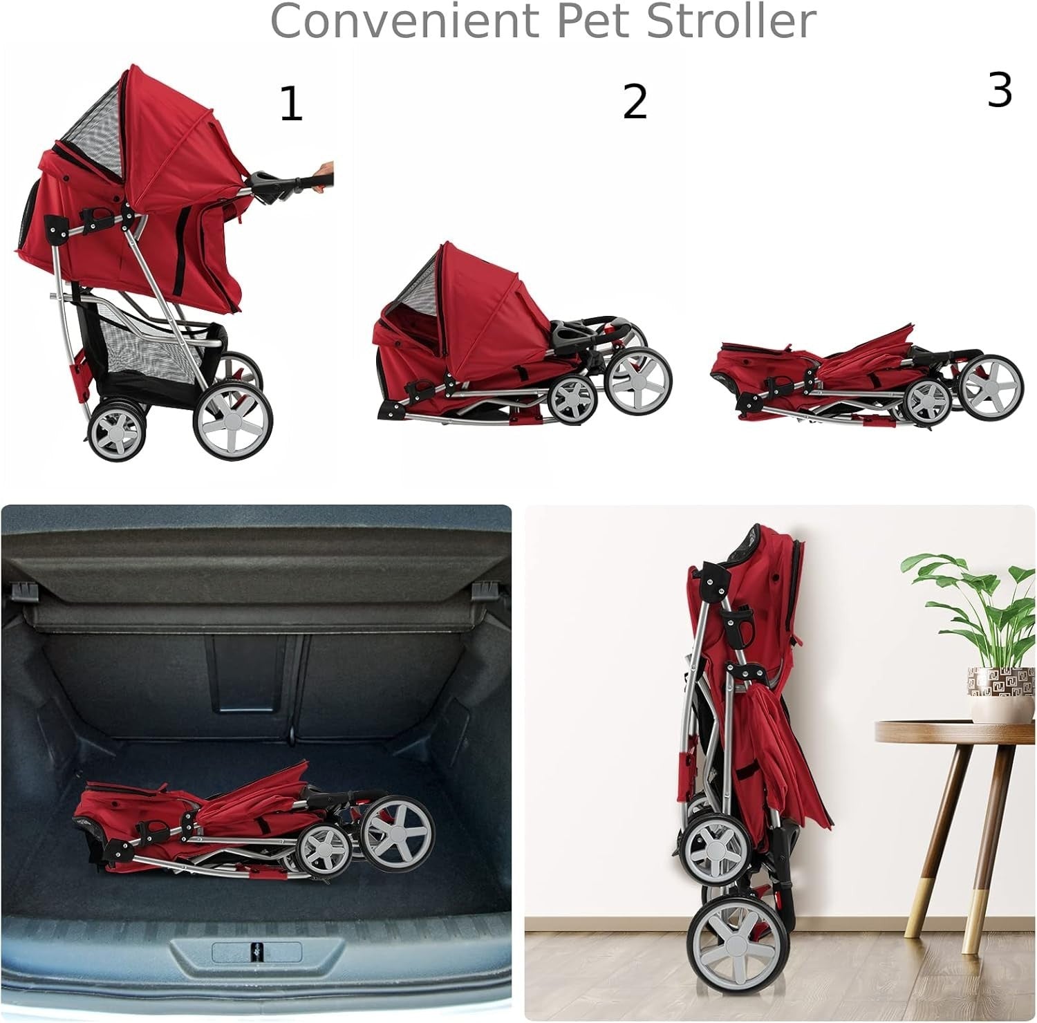 Red Pet Stroller Foldable Dog Cat Pushchair 15kg Storage Basket
