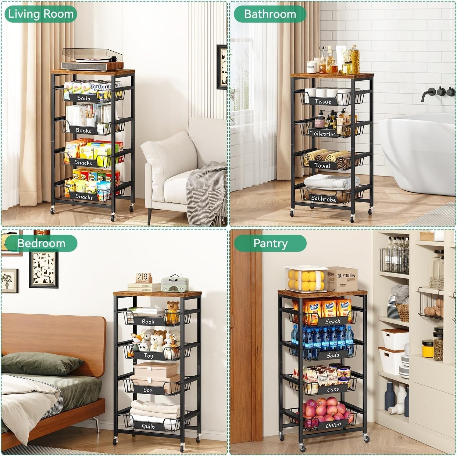 5 Tier Rolling Kitchen Storage Cart Fruit Basket Trolley Rustic Brown