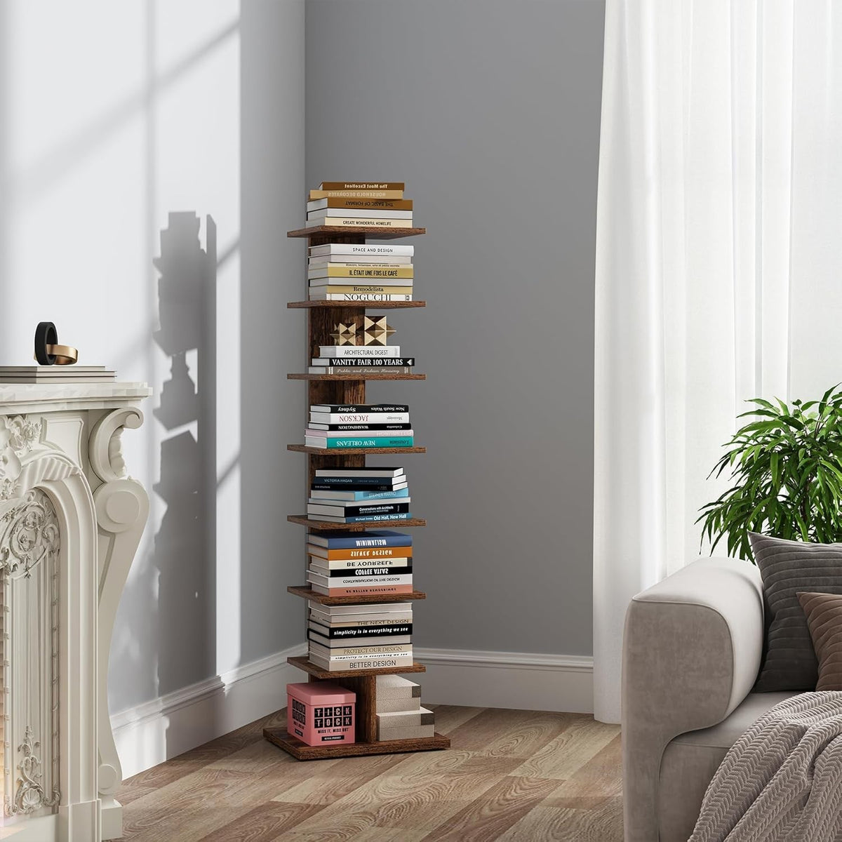 8-Tier Narrow Vertical Bookshelf Tower for Small Spaces – Corner Shelf Unit