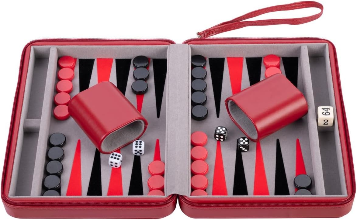 Travel Backgammon Set 9in Deluxe Faux Leather Zip Case Portable Board Game