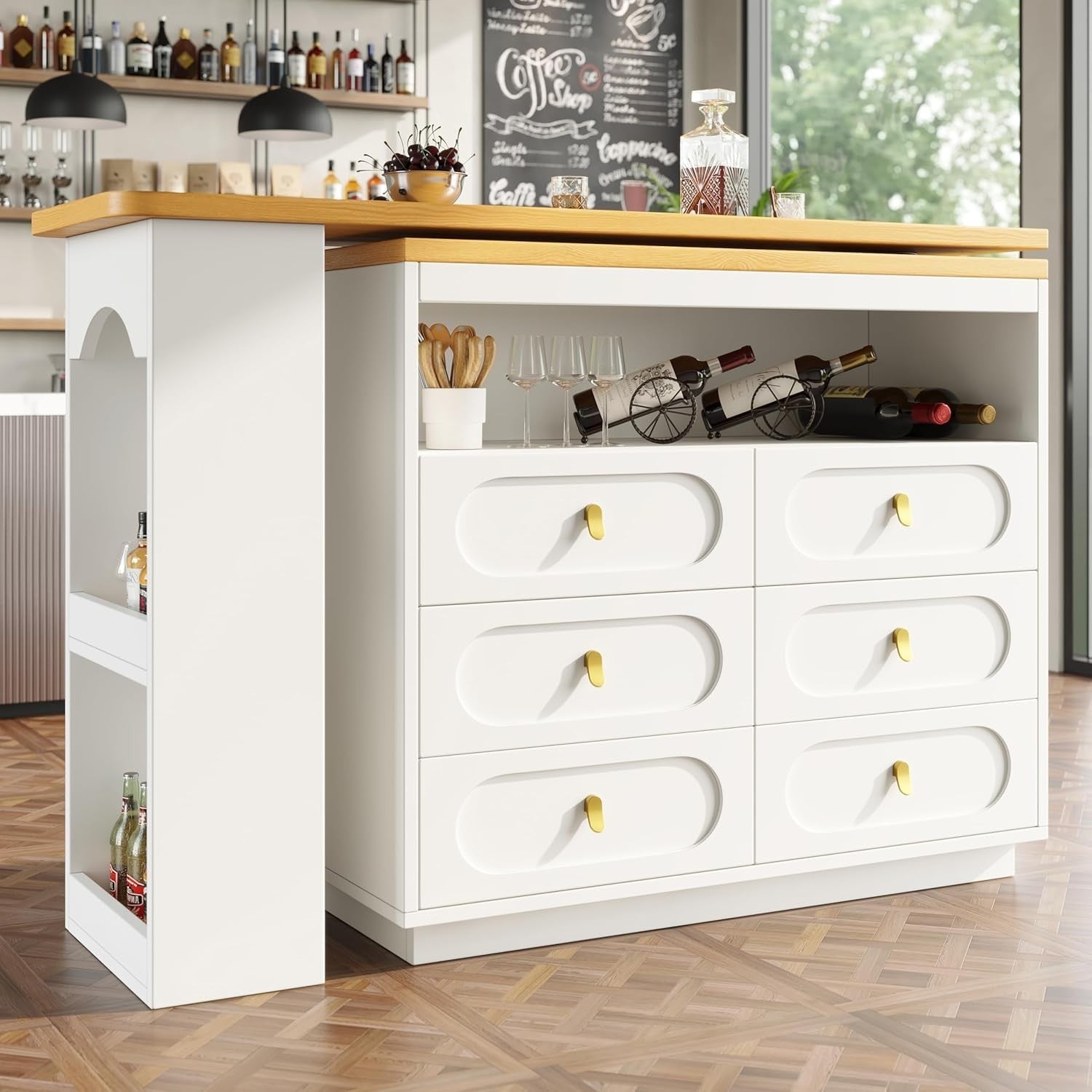 360° Swivel Bar Table w/ 6 Drawers & Storage Shelves Extendable White Furniture