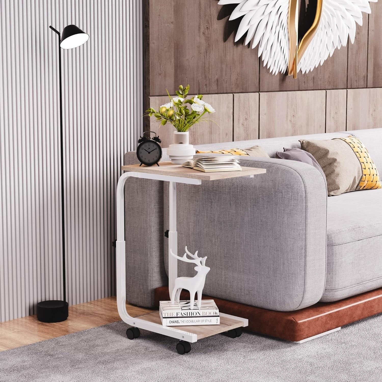 Height Adjustable Side Table – 45x30x65cm End/Bedside Table Oak White