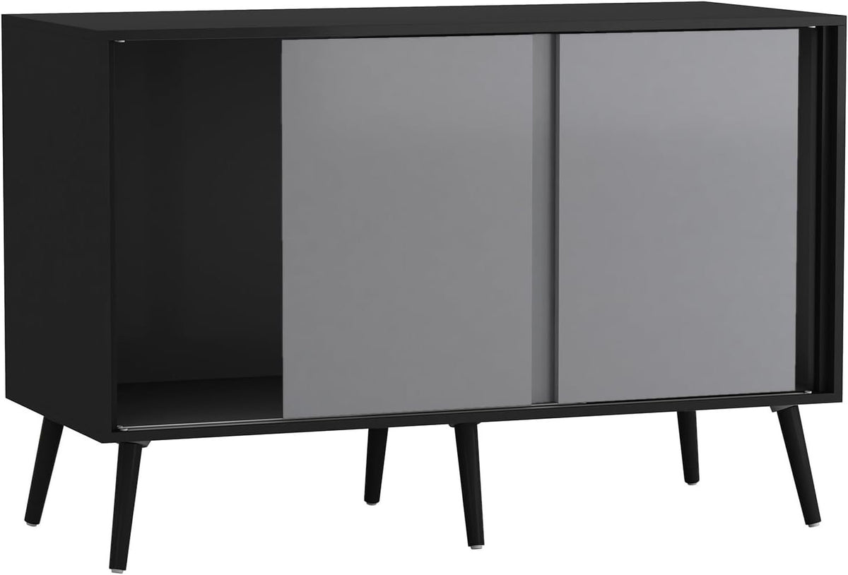 3 Door Sliding Sideboard Cabinet Wooden Black Leg Modern Storage Organizer Grey
