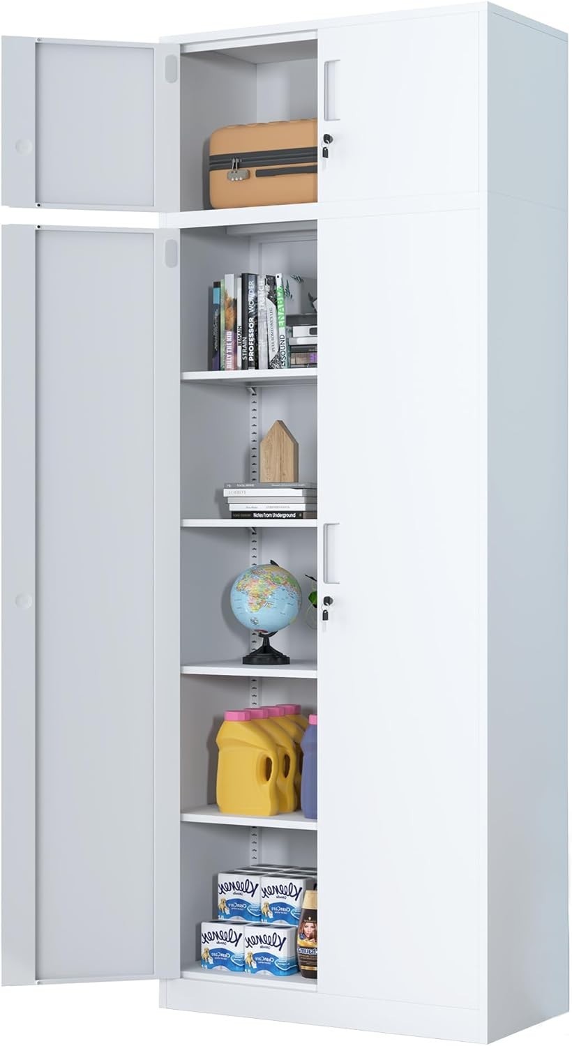 Tall Lockable Metal Storage Cabinet 220cm with 4 Shelves for Garage Office
