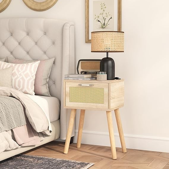 Set of 2 Natural Bedside Tables with Rattan Drawer & Wood Legs, Modern