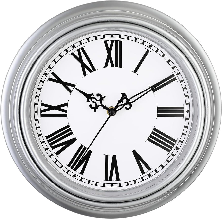 Large Silver Wall Clock 16" Silent Non-Ticking Vintage Roman Numeral Home Decor