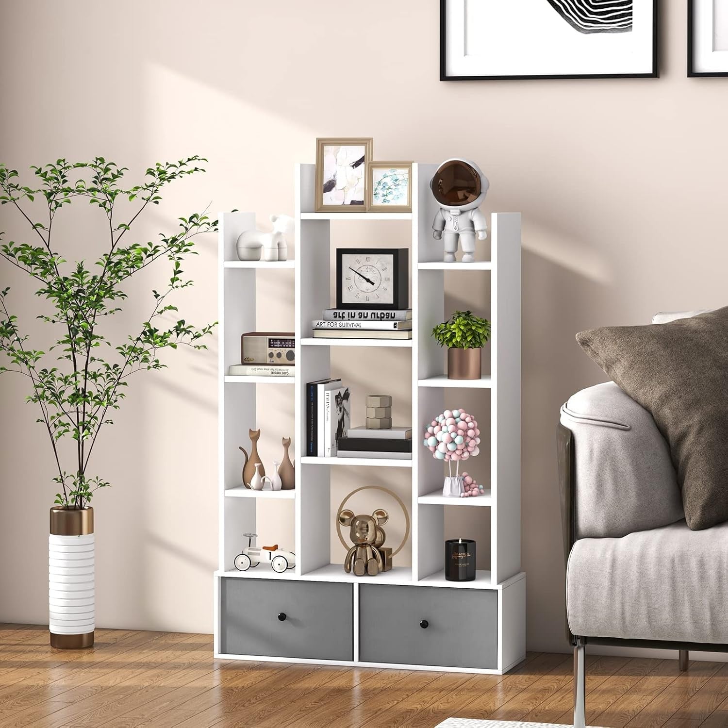 White Tree-Shaped Tall Bookcase 12 Cube Storage Shelf with 2 Drawers 80×24×132cm