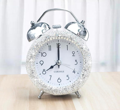 Luxury Rhinestone Alarm Clock Silent Non Ticking Extra Loud Twin Bell