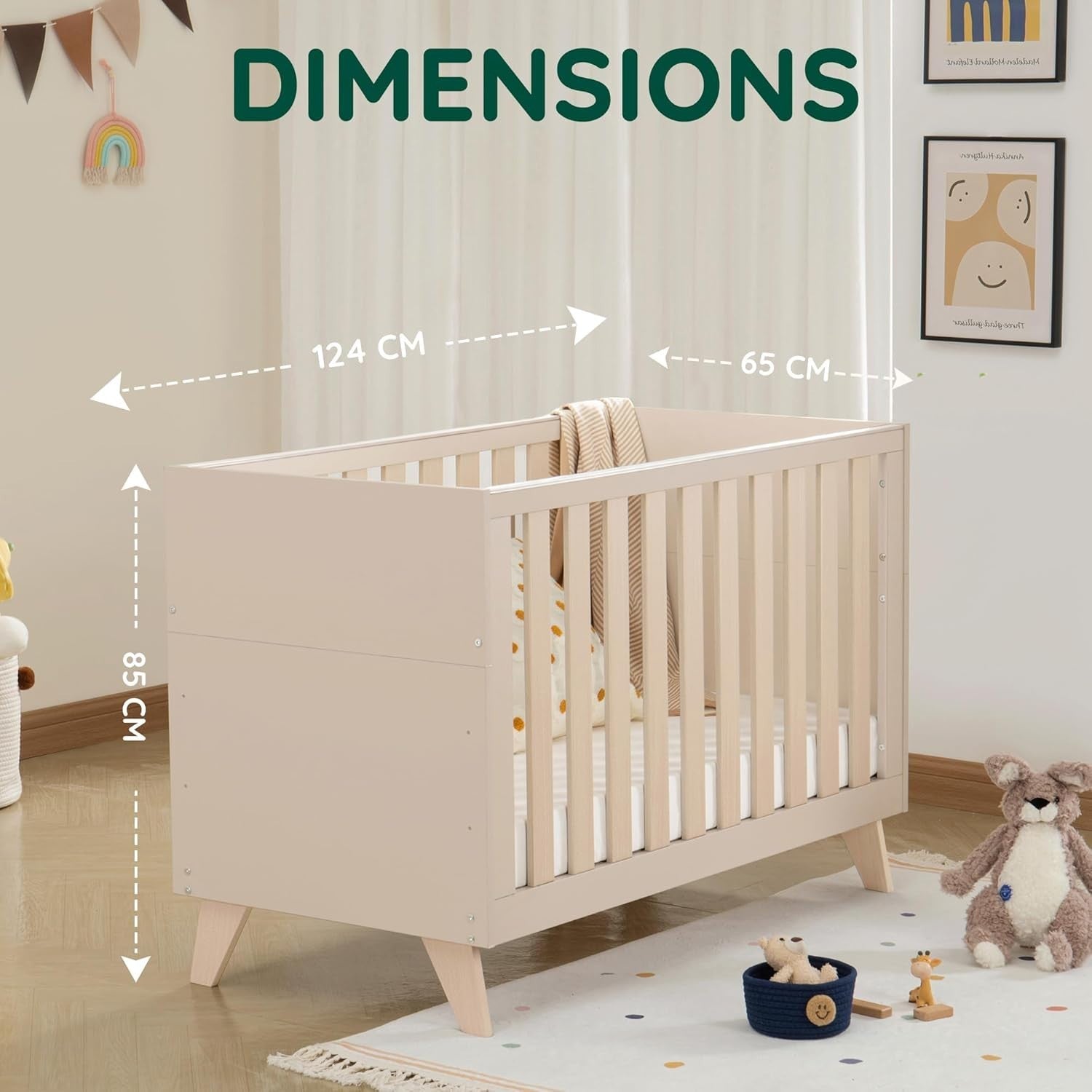 Convertible Mini Toddler Bed Baby Cot Bed Adjustable Height with Teething Rails