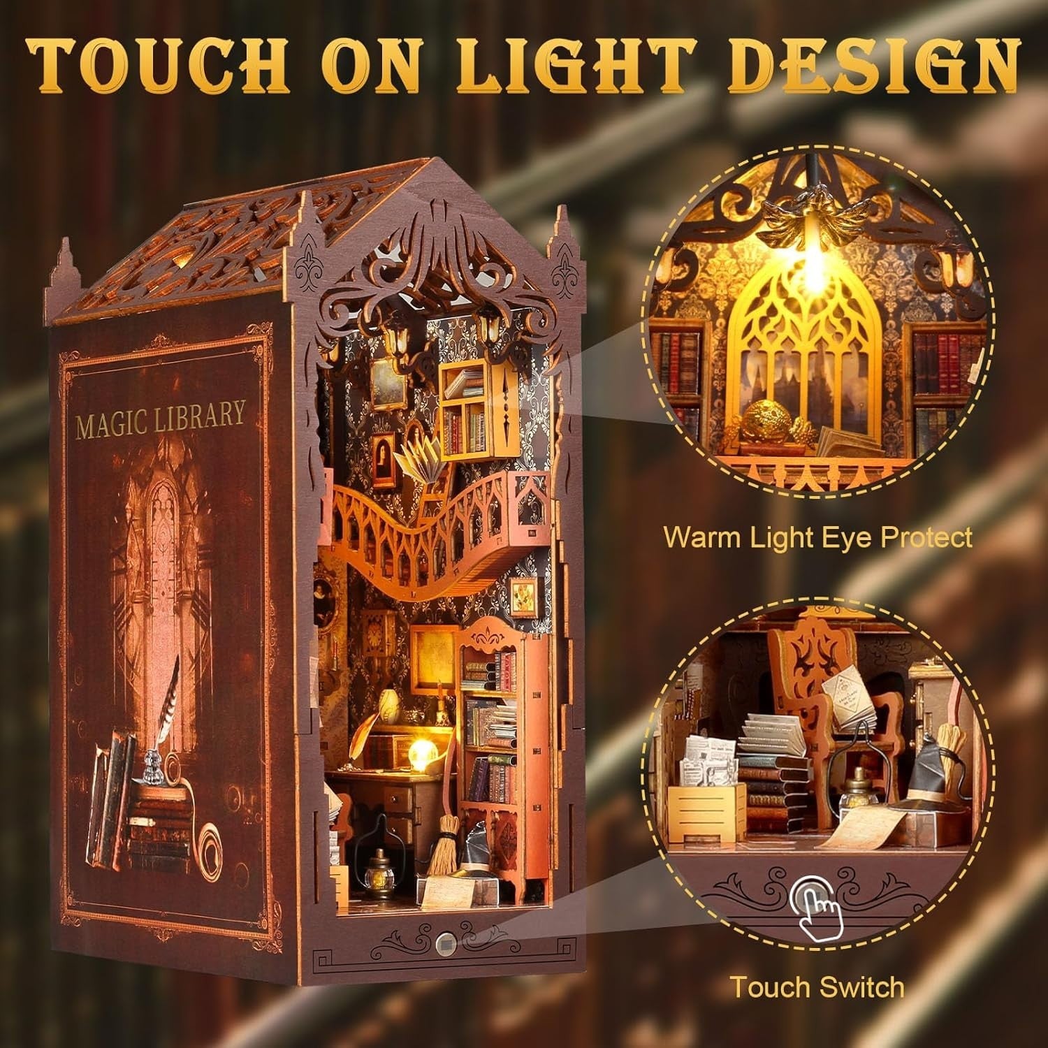 DIY Book Nook Kit Magic Library Miniature House LED Wooden Puzzle Decor