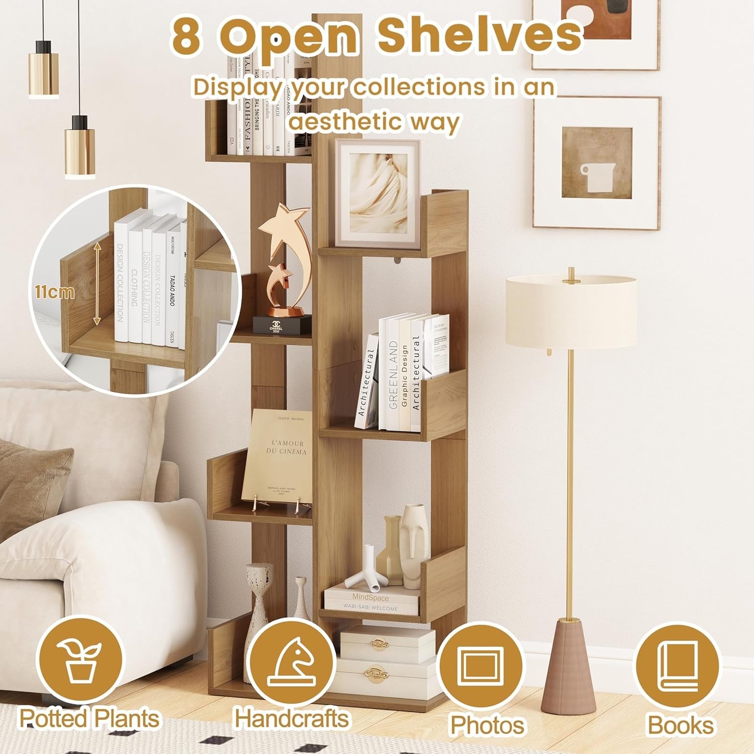 Modern Tree Bookshelf 8-Tier Floor Standing Storage Rack Natural Wood Unit