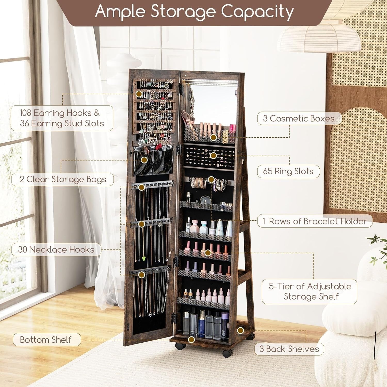 Coffee LED Jewelry Cabinet Mirror Lockable Rolling Storage Organizer