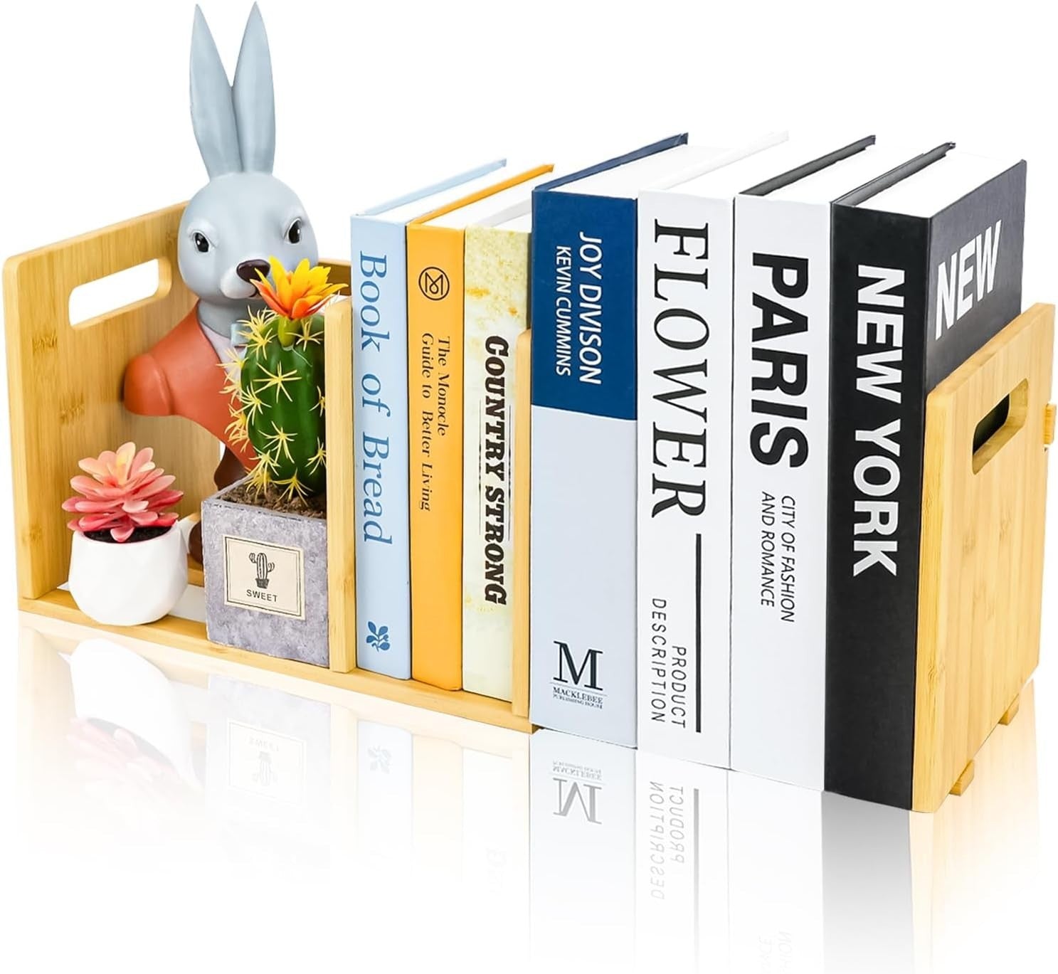 Expandable Bamboo Desktop Bookshelf Adjustable Book Organizer with Carry Handles