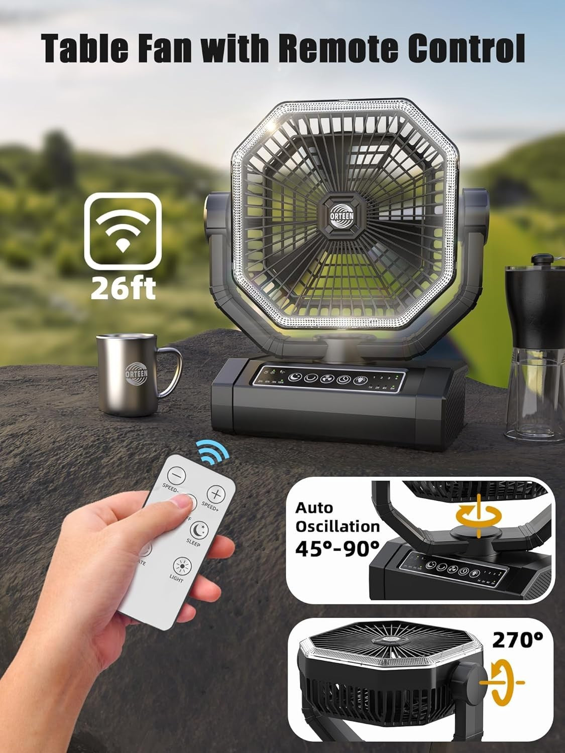 9" Rechargeable Camping Fan – 20000mAh LED 4-Speed w/ Remote for Tent & Travel