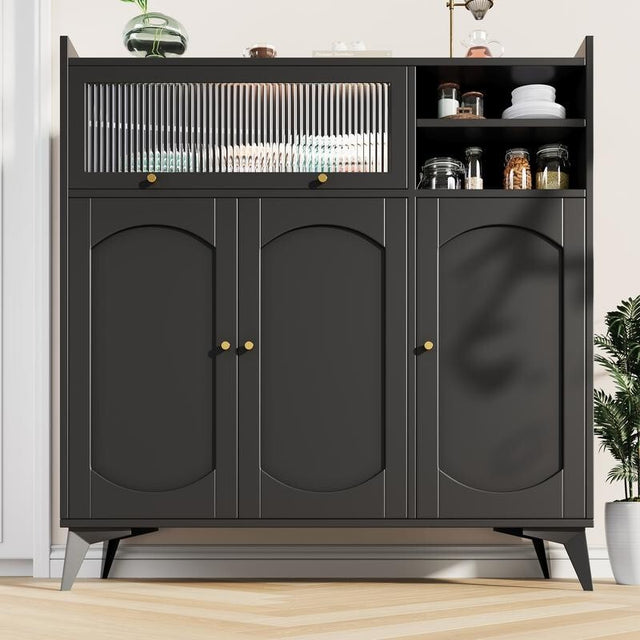 Black Sideboard Cabinet with Glass Door Gold Handles Modern Storage Unit