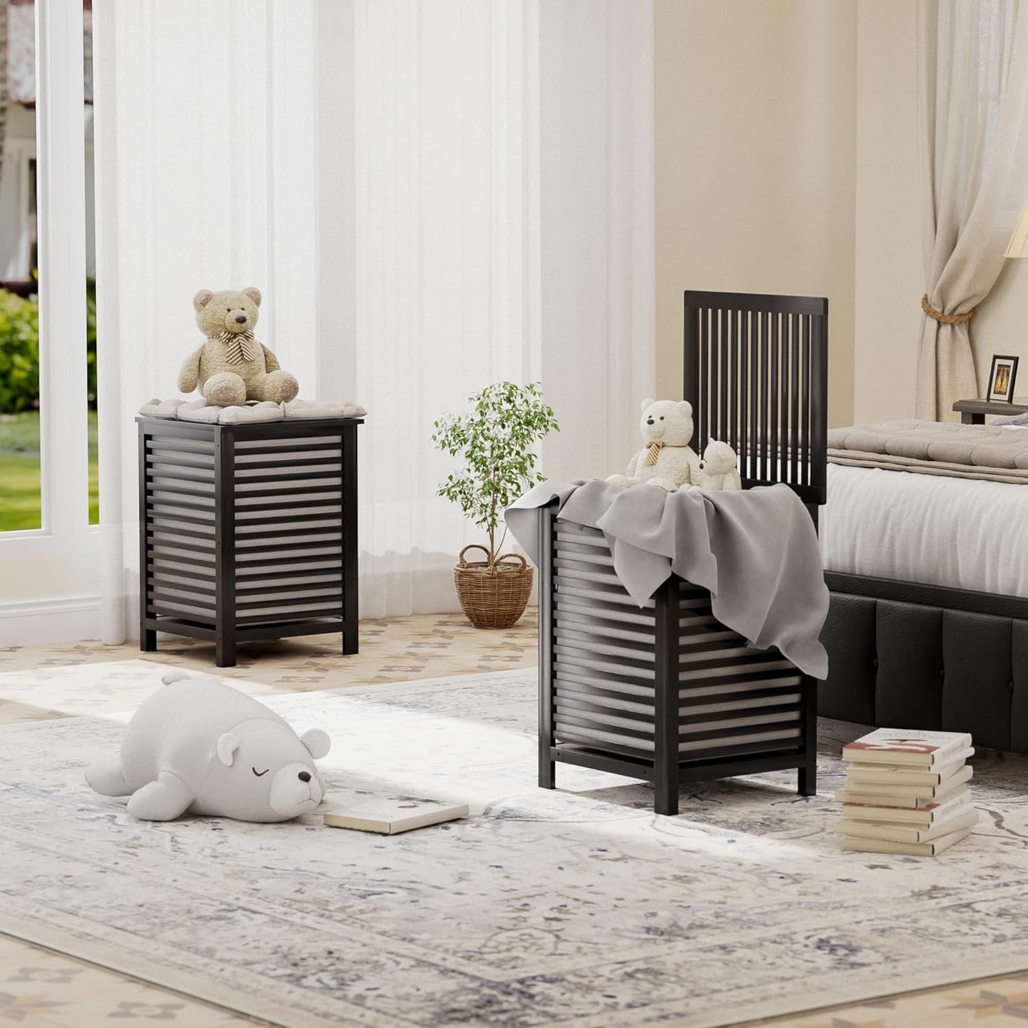 Black Bamboo Double Laundry Hamper with Lid 120L 2 Section Basket 47x47x65cm