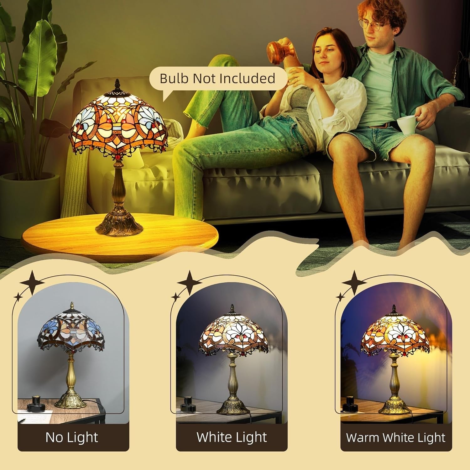 Stained Glass Bedside Table Lamp Vintage Flower Light for Living Room