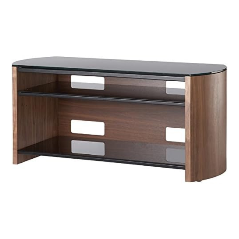Adjustable Walnut Wood TV Stand with Cable Management & Safety Glass Shelf