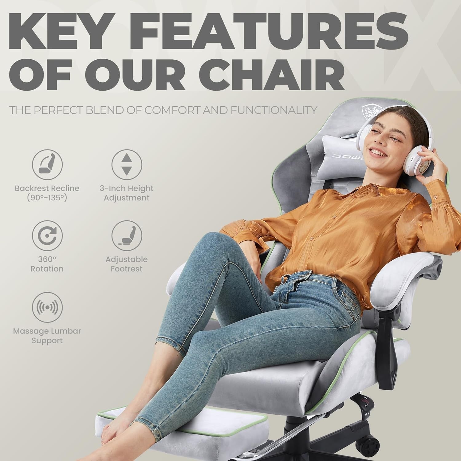 Ergonomic Gaming Chair with Footrest Massage 150kg Grey Green