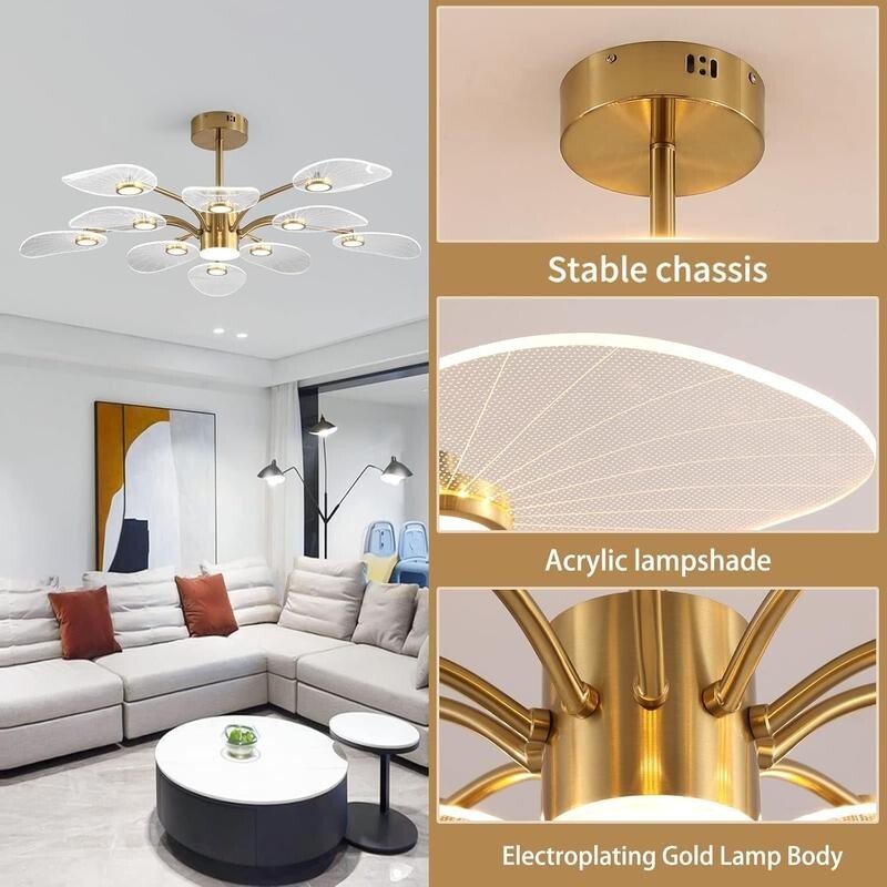Gold LED Chandelier 10-Light Dimmable Pendant for Living Room
