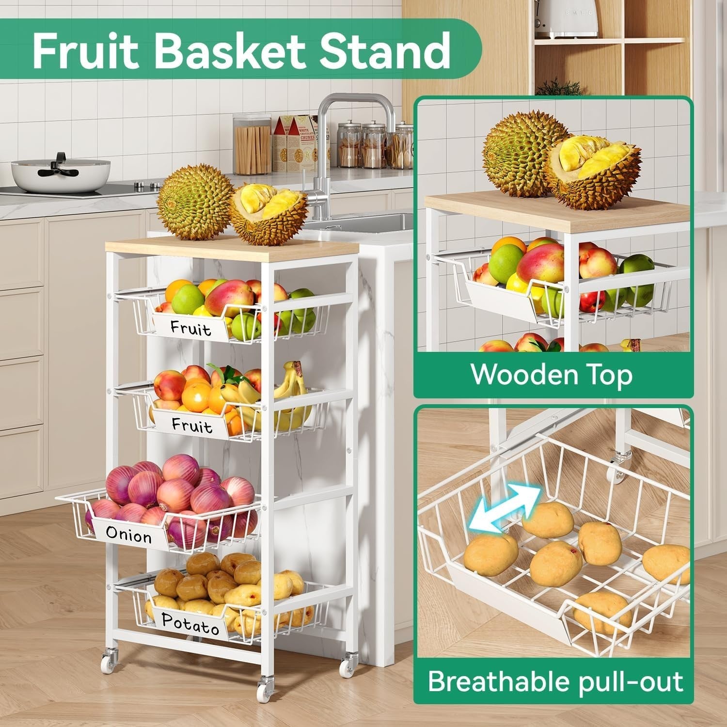 5 Tier Rolling Kitchen Storage Cart Fruit Basket Utility Trolley Wood Top