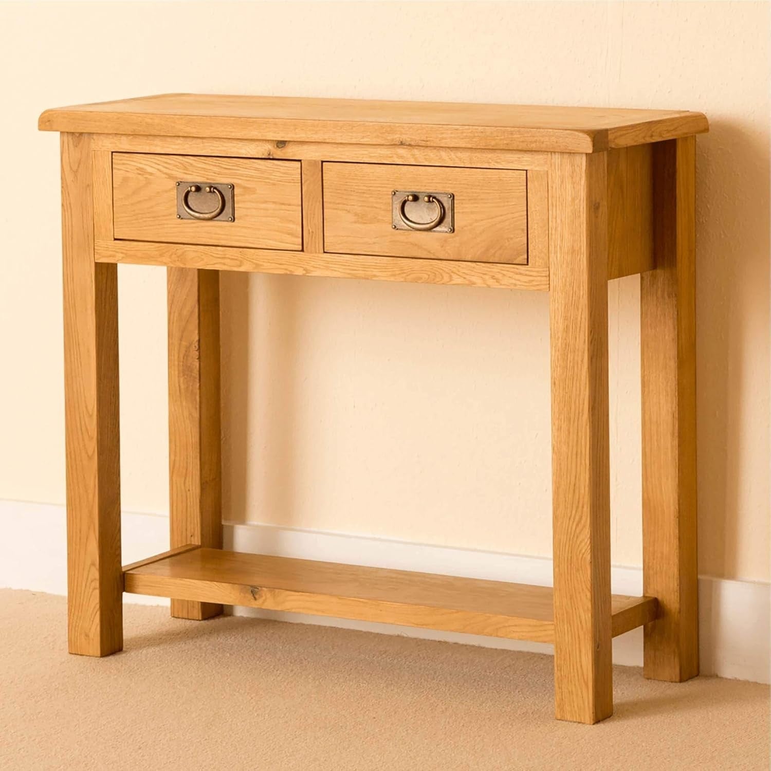Rustic Oak Console Table with Drawers Storage Shelf | Slim Hallway Unit