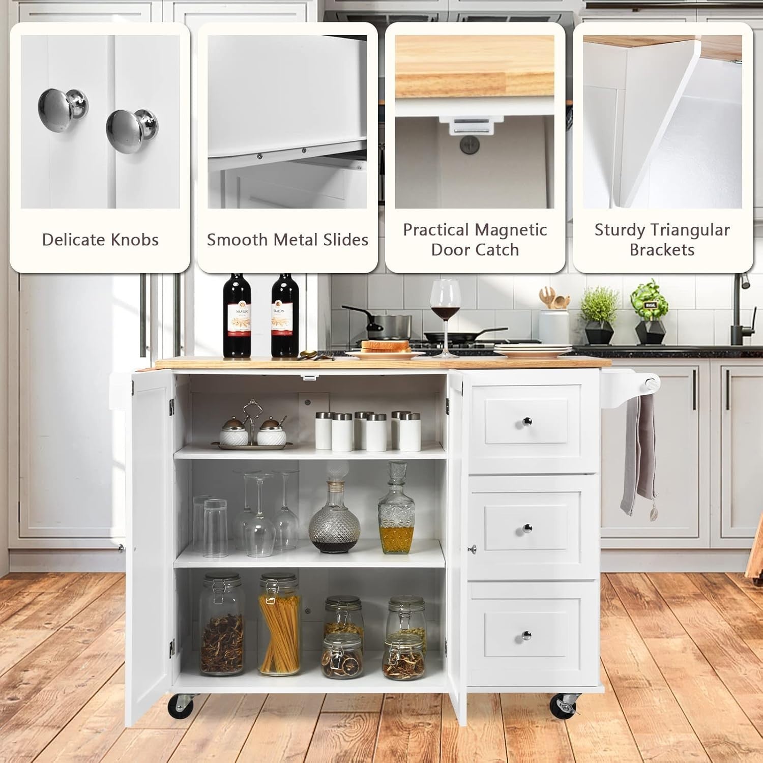 Rolling Kitchen Island Cart with Extendable Wood Top, 3 Drawers & Shelves