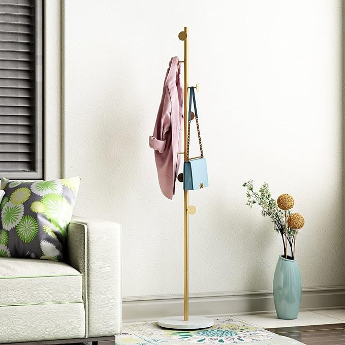 Gold Metal Coat Rack with Marble Base | Freestanding Hall Tree for Clothes & Bag