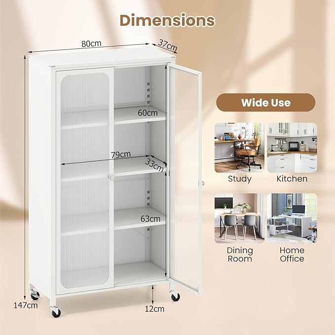 Large White Metal Storage Cabinet with Translucent Doors & Wheels, Adjustable