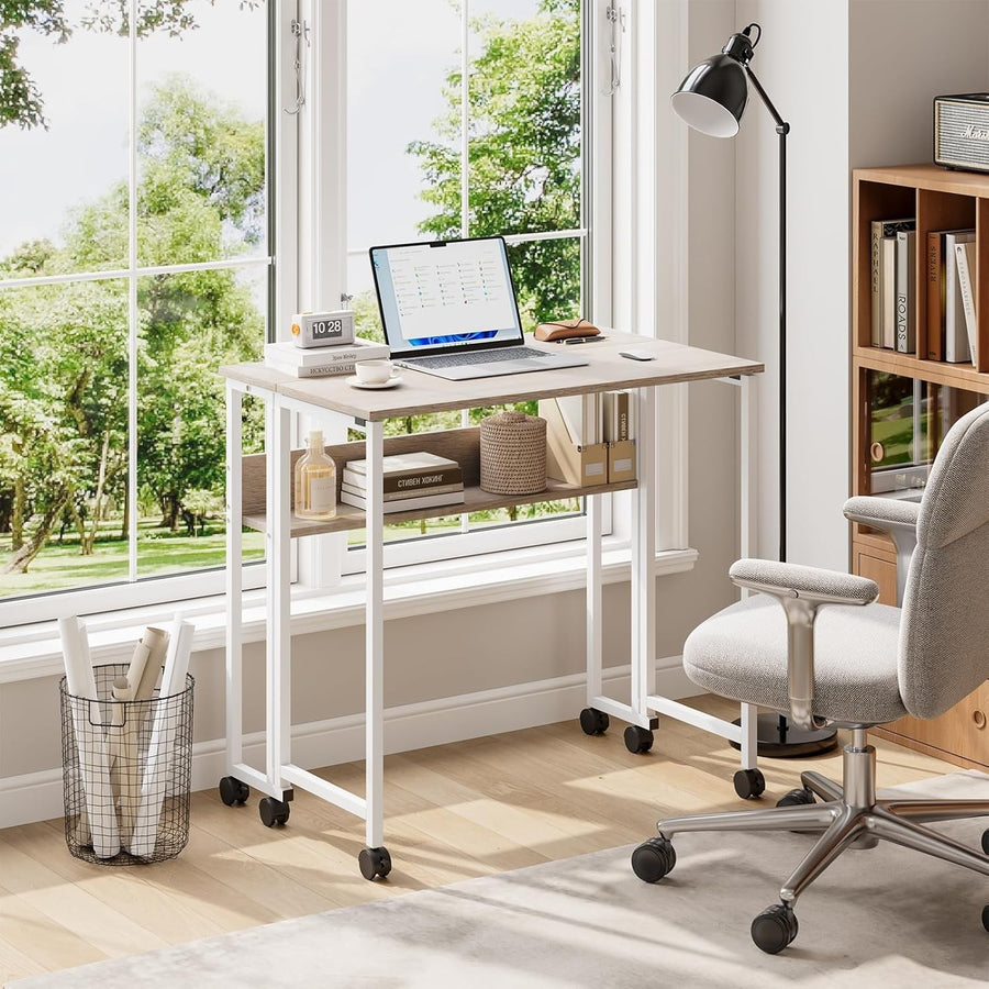 Folding Computer Desk Rolling Laptop Table with Storage Shelf Wheels Oak