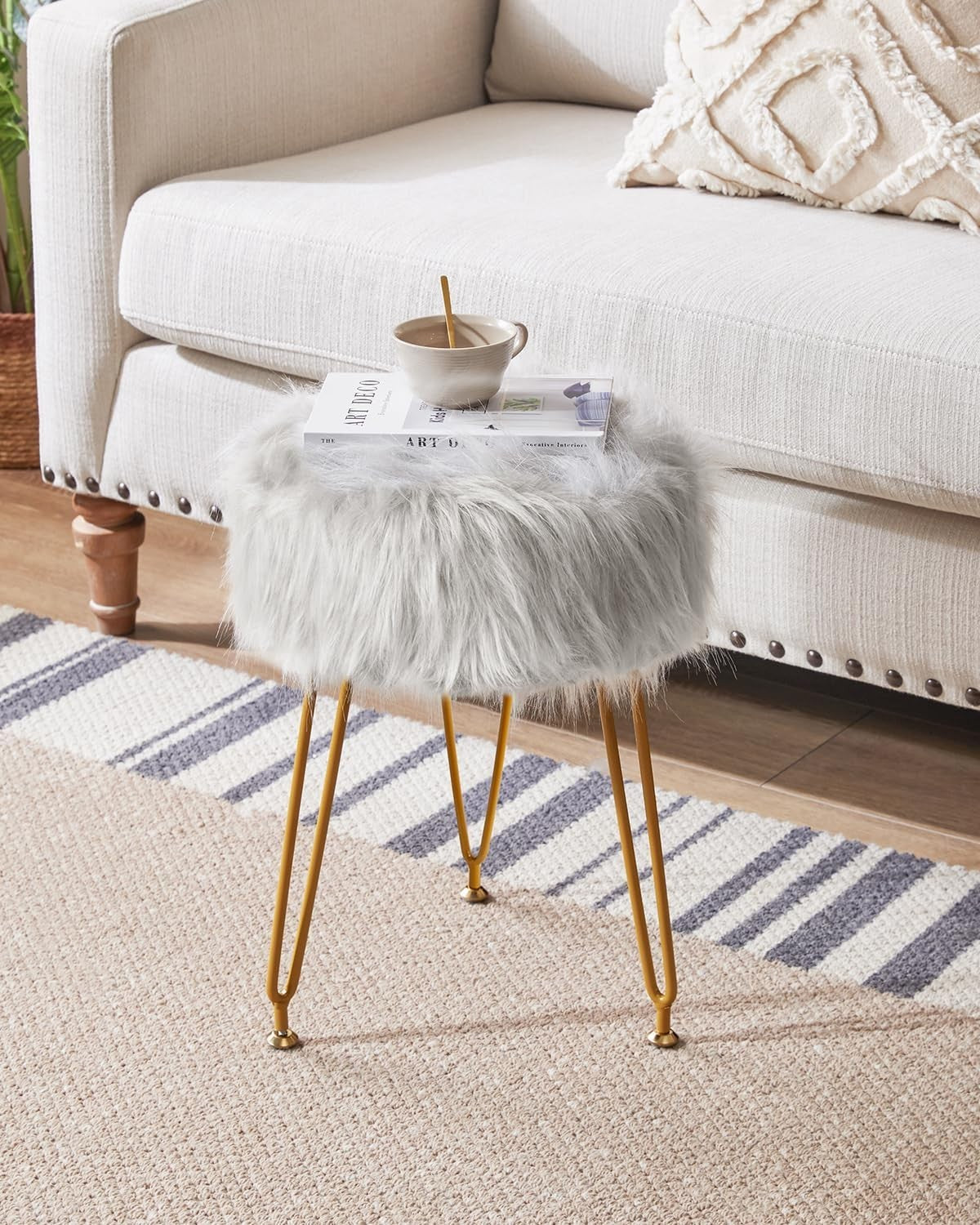 Gray Faux Fur Round Vanity Stool – Soft Padded Makeup Seat with Metal Legs