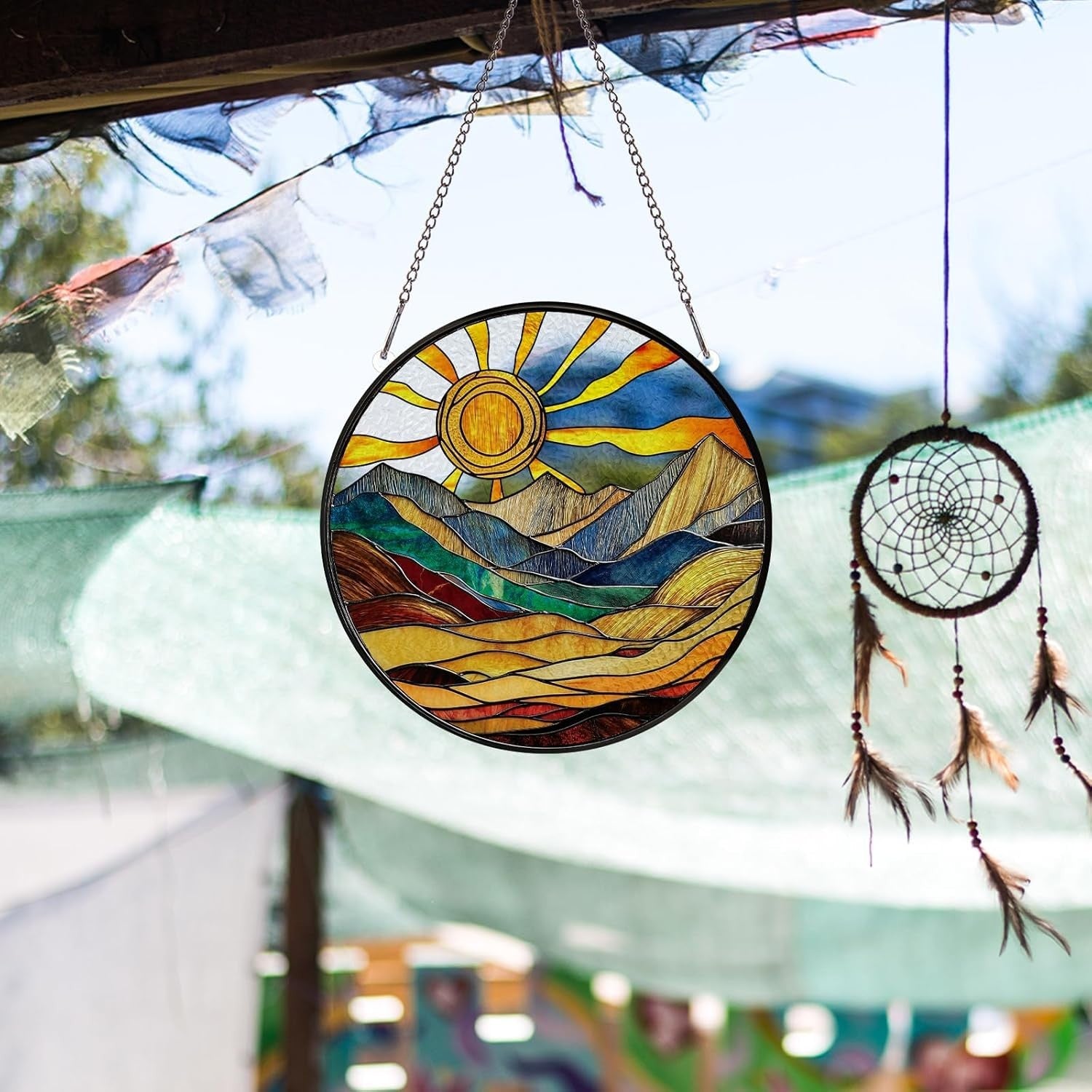 Boho Sun Stained Glass Suncatcher 5.9" Window Hanging Decor