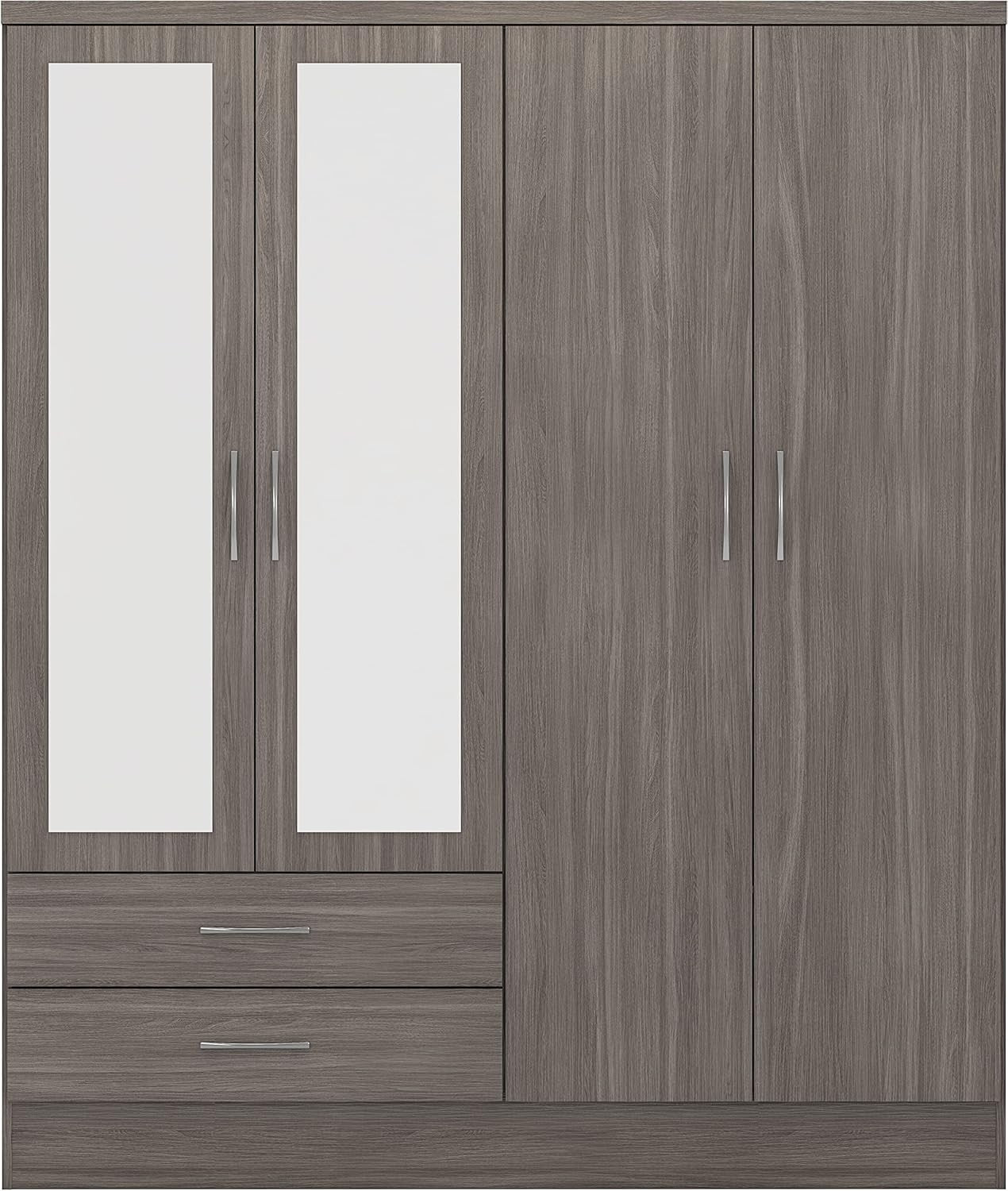 Modern 4 Door 2 Drawer Black Wood Grain Wardrobe with Mirror & Storage