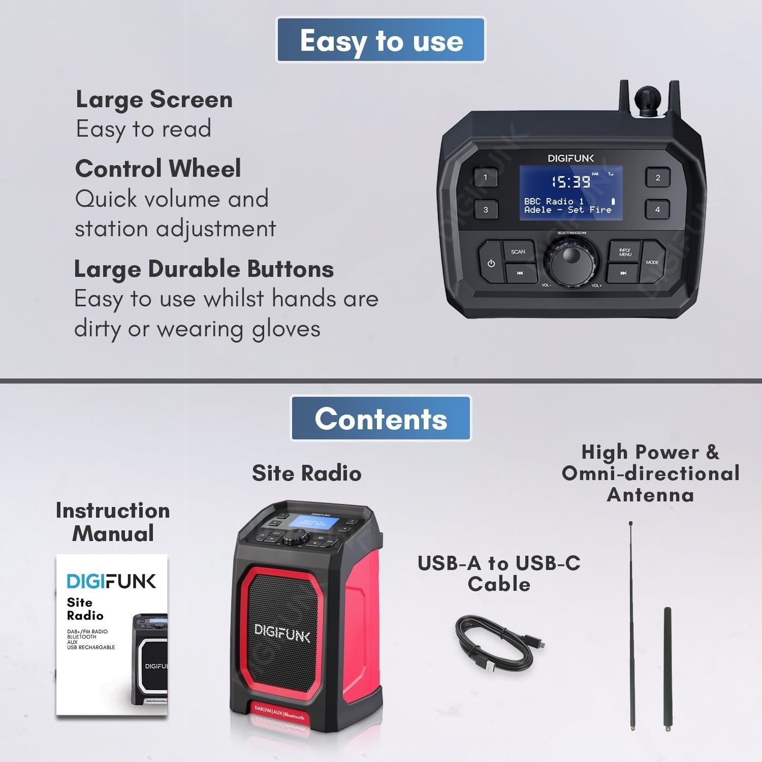 DAB+ Work Site Radio Bluetooth USB Rechargeable IP65 Waterproof