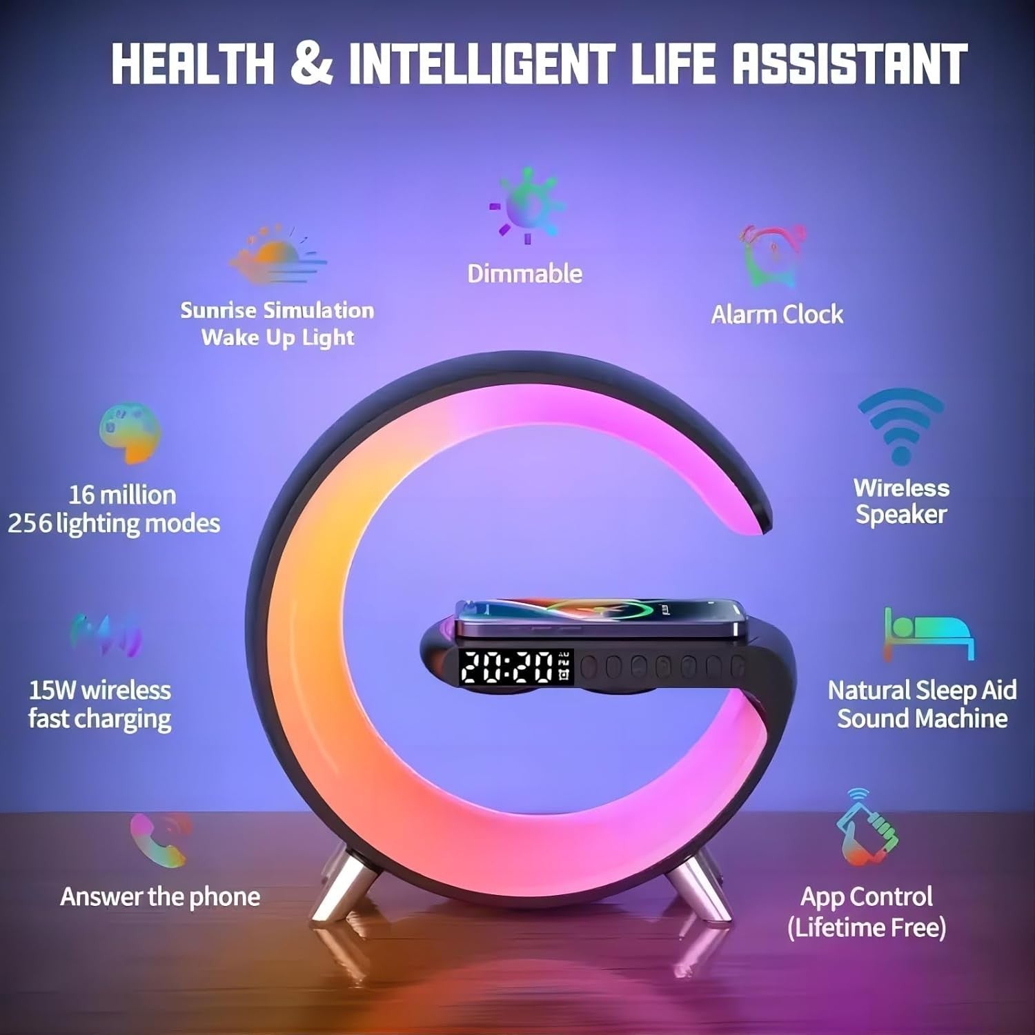 Smart LED Table Lamp Wireless Charger Bluetooth Speaker Alarm Clock RGB