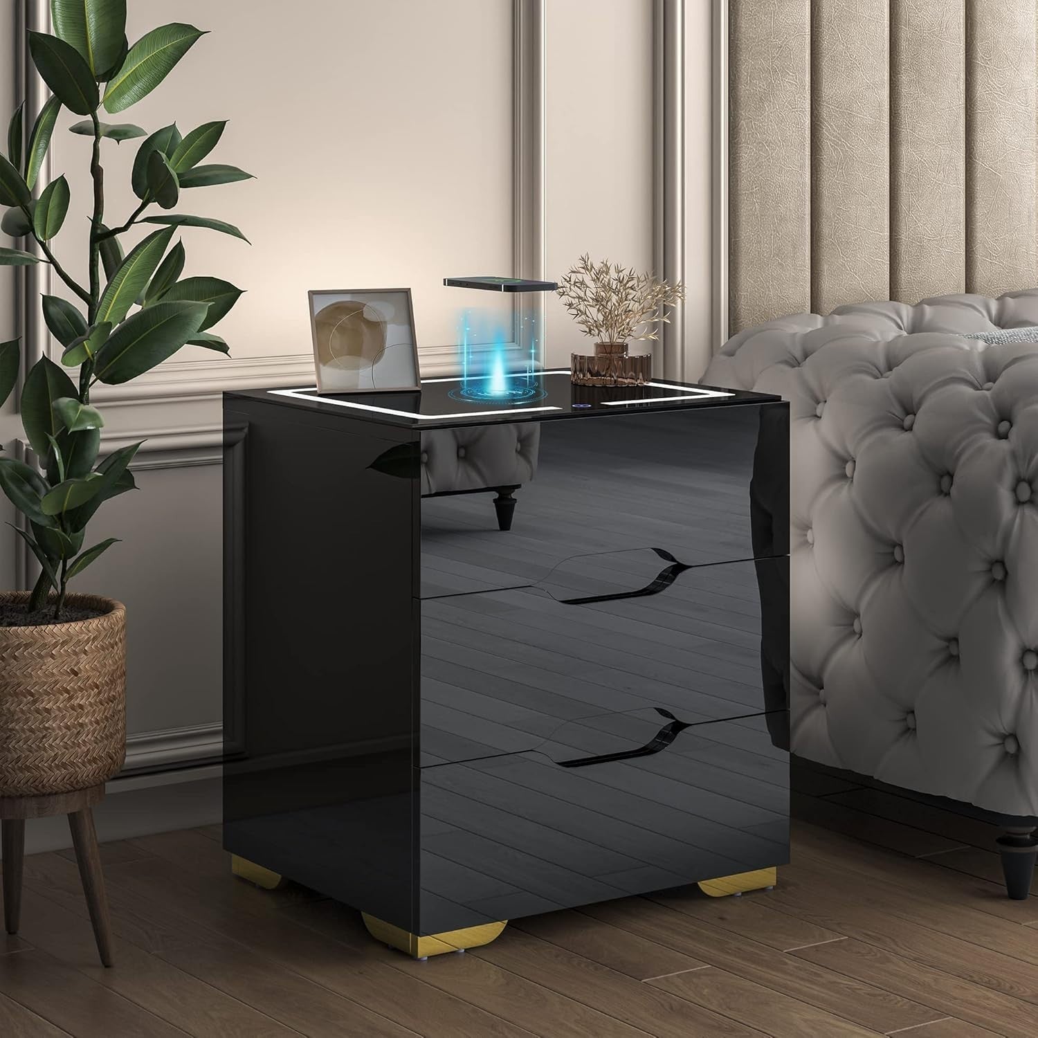 Black High Gloss Bedside Table with Wireless & USB Charging, LED Light, 3 Drawer