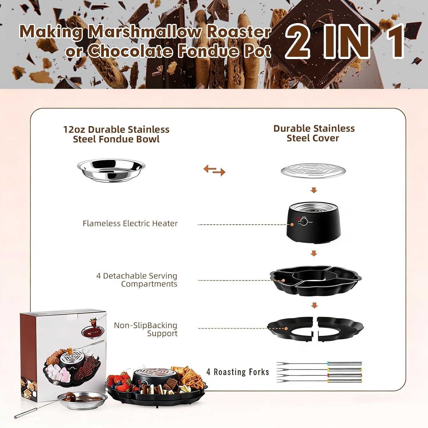 2 in 1 Electric Smores Maker Chocolate Fondue Pot Tabletop Kit