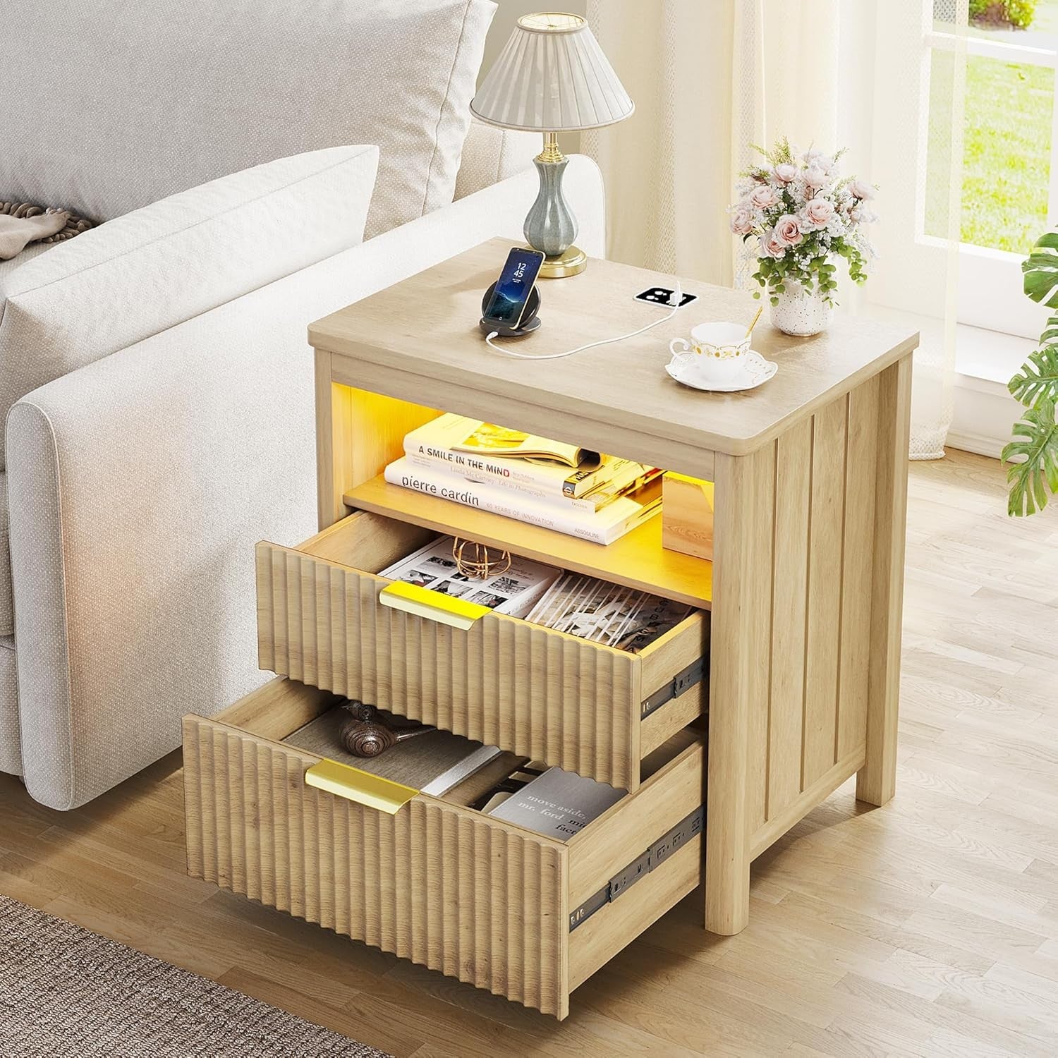 Set of 2 Natural Wood 24" Bedside Tables with Charging Station, LED & 3 Drawers