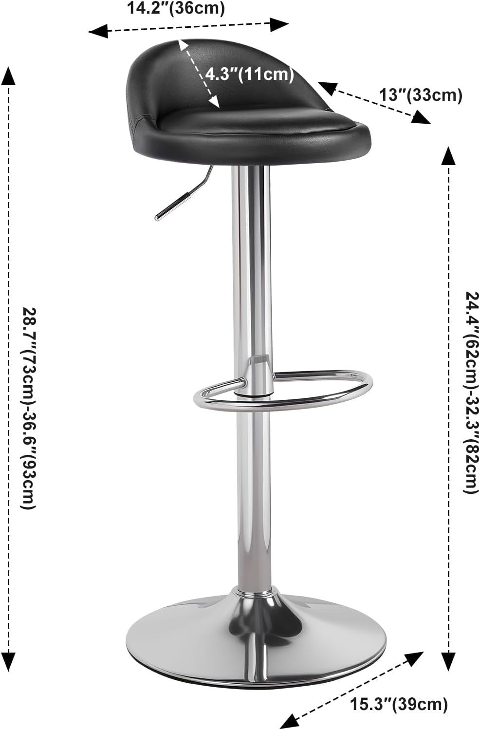 Black Faux Leather Bar Stool Set of 2 Round Armless Adjustable Swivel Chairs
