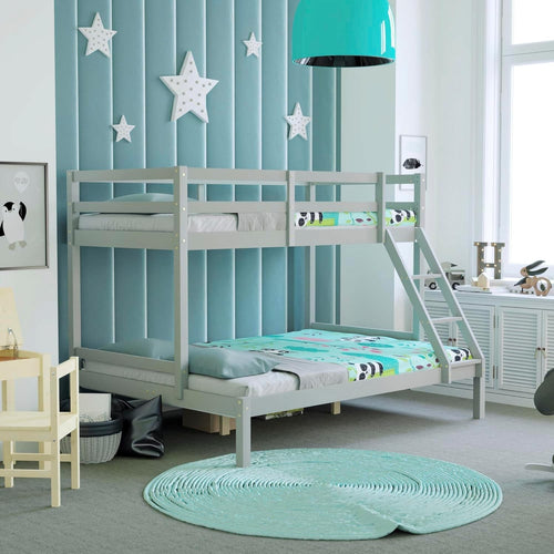 Triple Bunk Bed Grey Wooden Frame Kids Sleeper with Ladder 4FT 3FT Safe