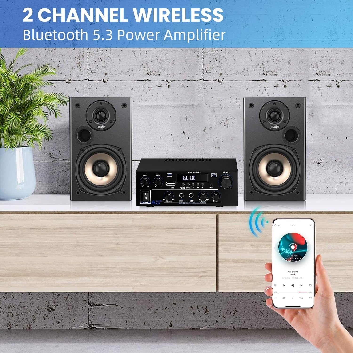 1000W Bluetooth 5.3 Stereo Amplifier 2 Channel HiFi USB FM MIC
