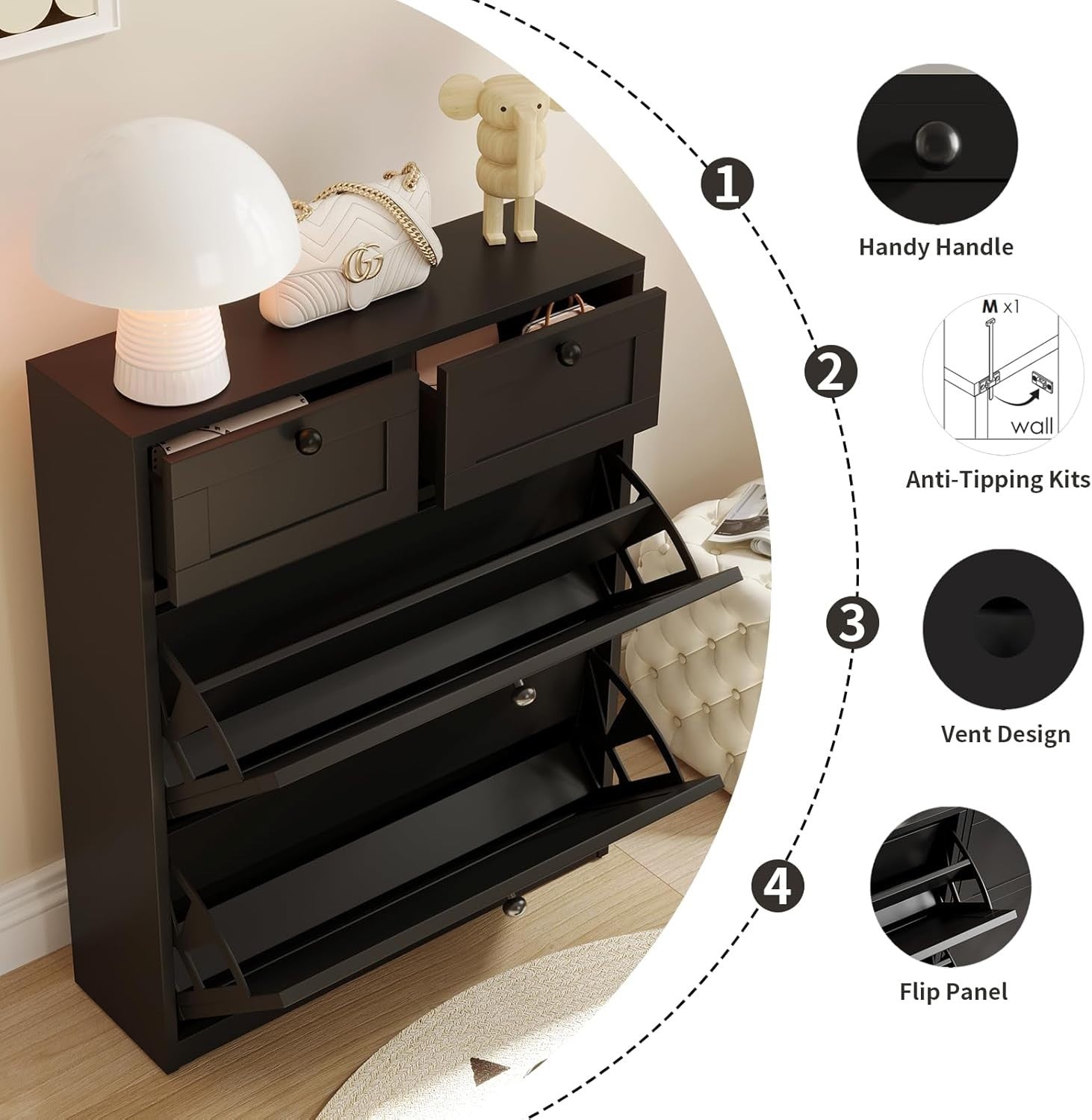 Slim Black Shoe Cabinet with 2 Flip Drawers & Adjustable Shelves Storage