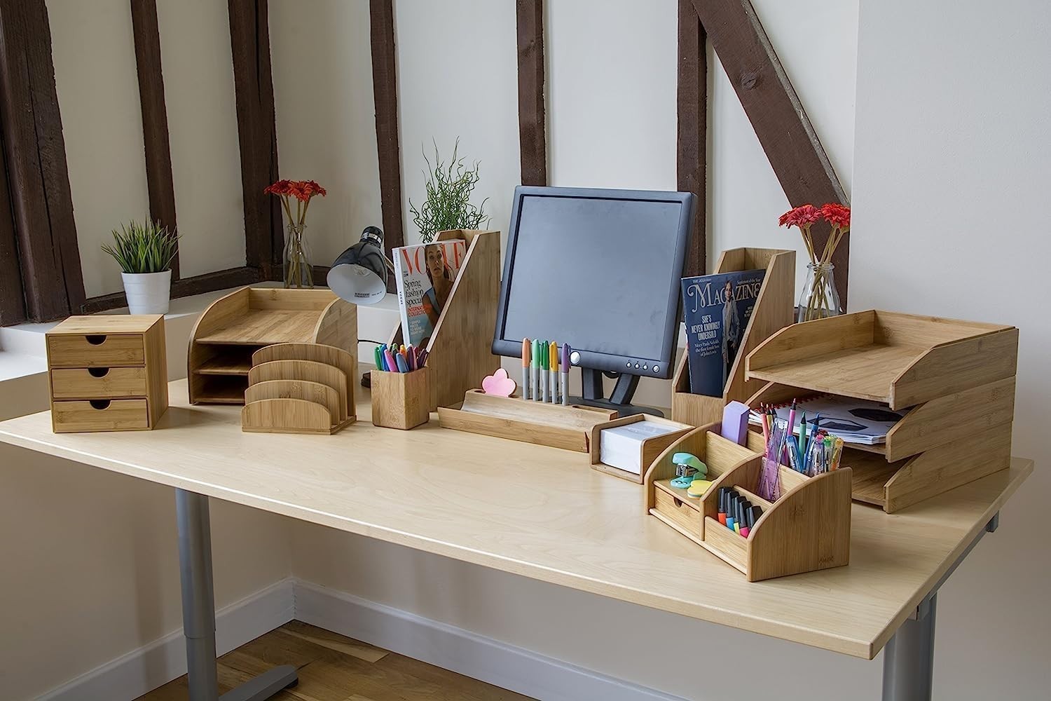 Bamboo Desk Organiser 5 Compartments Wooden Pen Holder 6-Pack