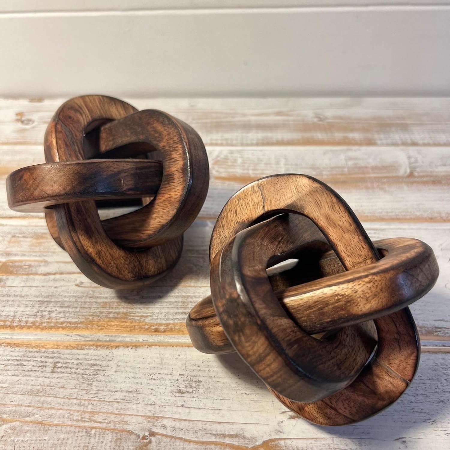 Rustic Wooden Knot Ornaments Pair | 3-Link Sculptures | Shelf & Coffee Table