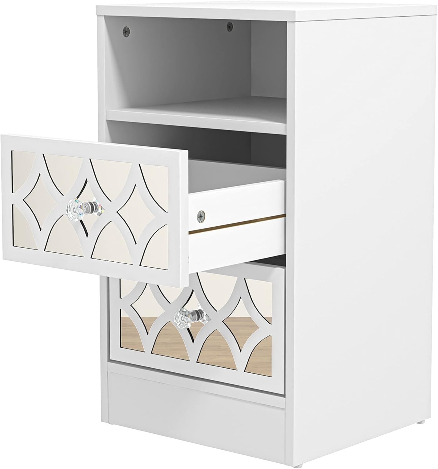 White Bedside Table with Mirror Drawers, Modern 2 Drawer Nightstand for Bedroom