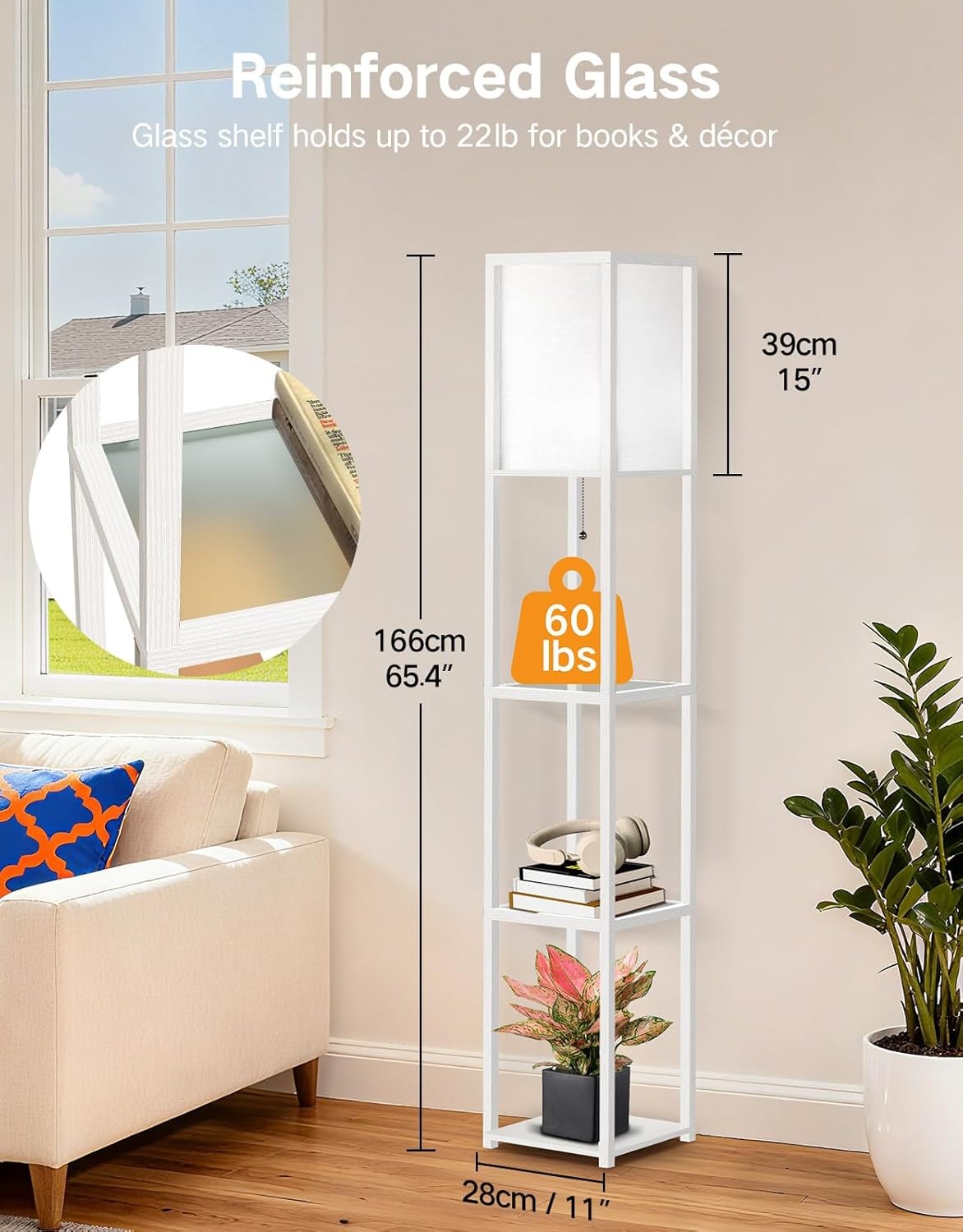 Floor Lamp with Shelves LED Adjustable Colour Standing Storage Light White