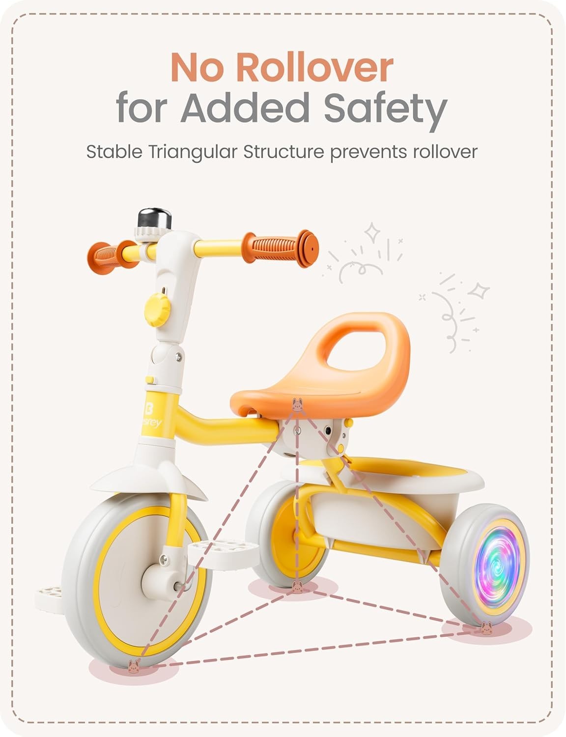 Kids Tricycle Flash LED Wheels Foldable Toddler Trike Yellow Age 18M-5Y
