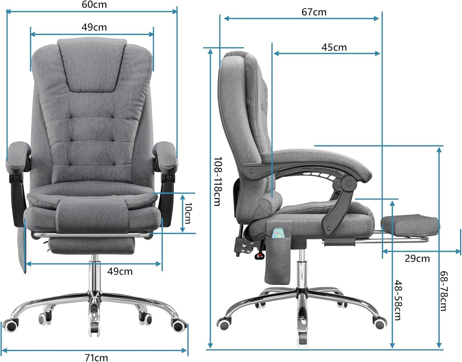 Luxury Massage Office Chair Recliner Linen High Back Desk Seat Footrest Grey