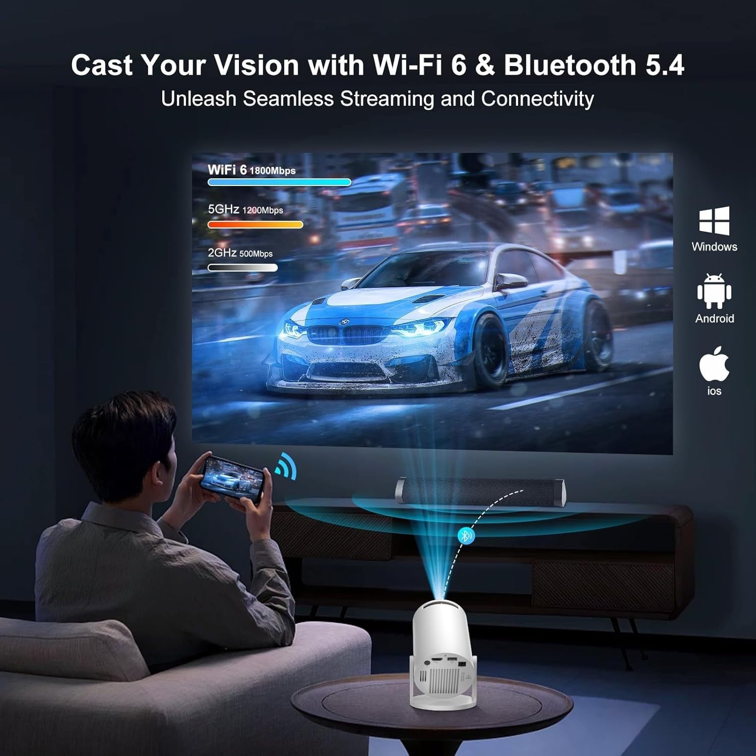 1080P WiFi 6 Mini Projector 4K Support Bluetooth Short Throw Portable