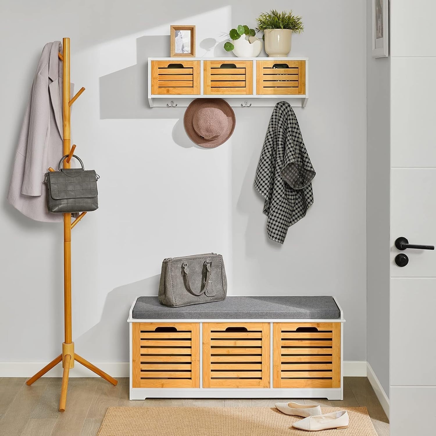 Wooden Shoe Storage Bench with 3 Drawers & Cushion, 120kg Load, Entryway